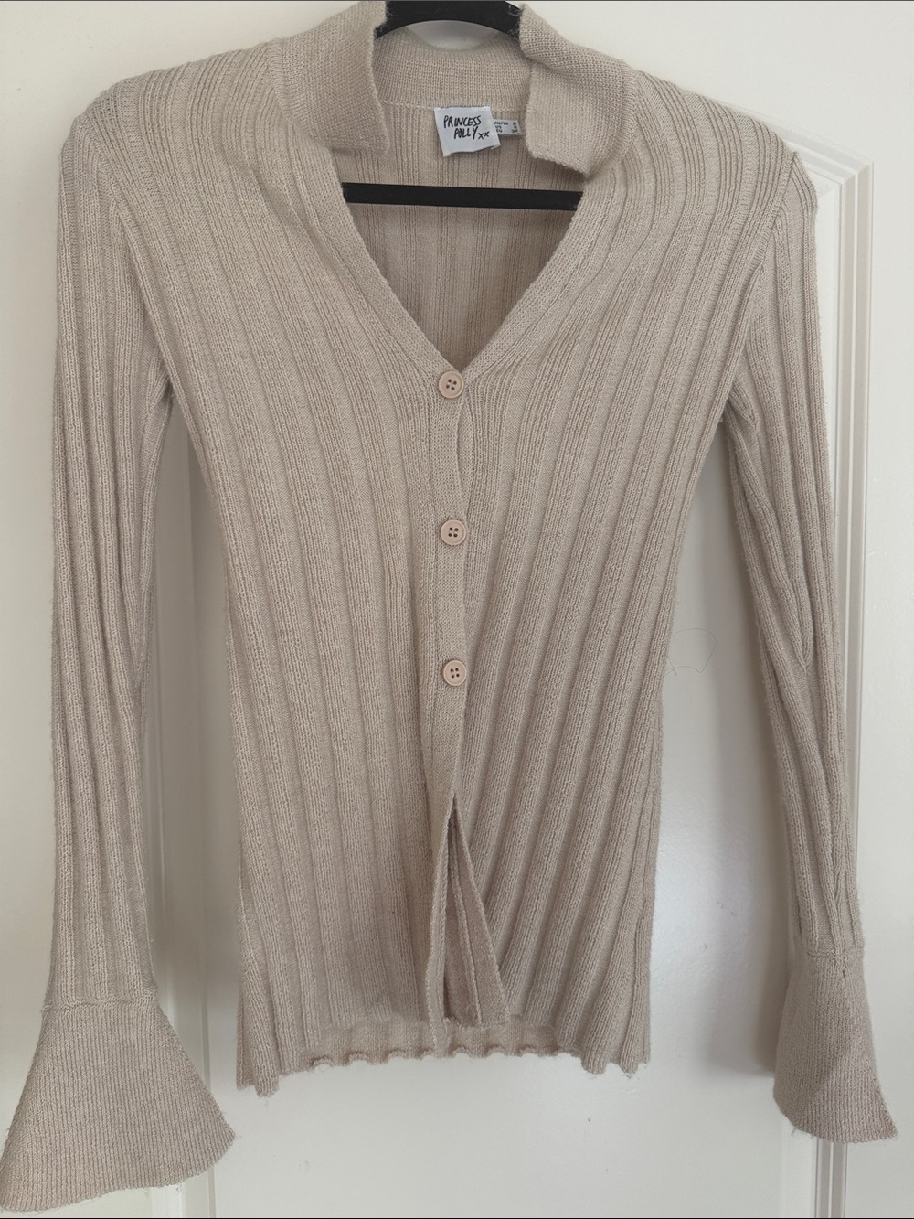 Princess Polly Beige Ribbed Button-Up Cardigan Sweater